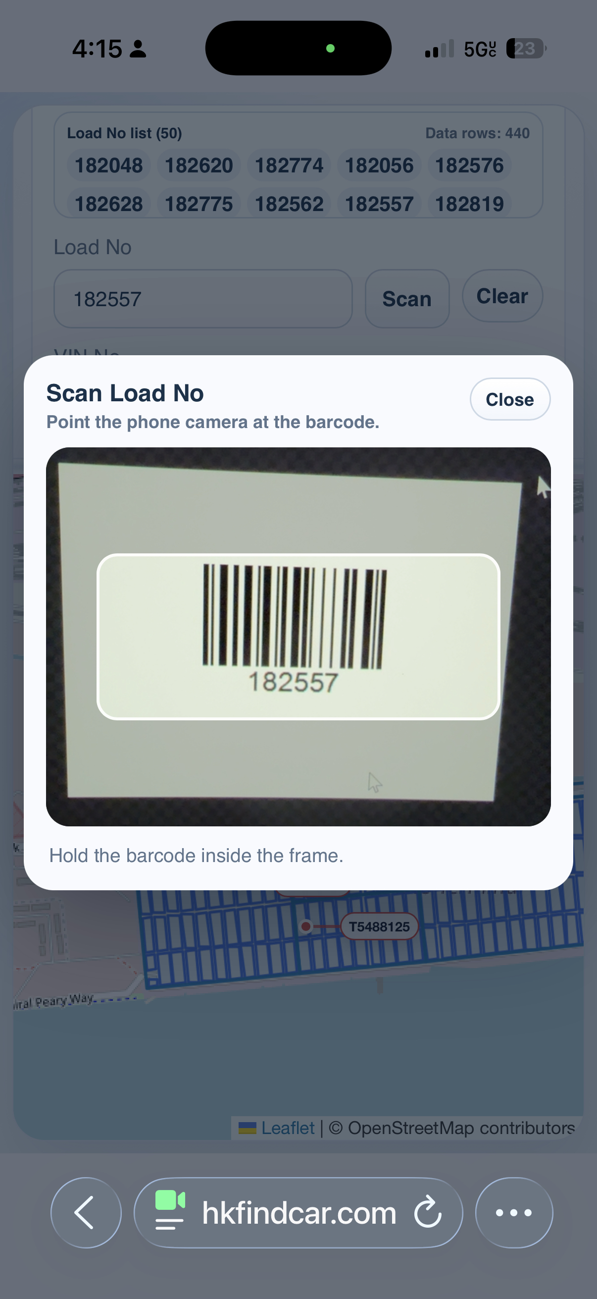 Phone barcode scanner reading a Load No barcode