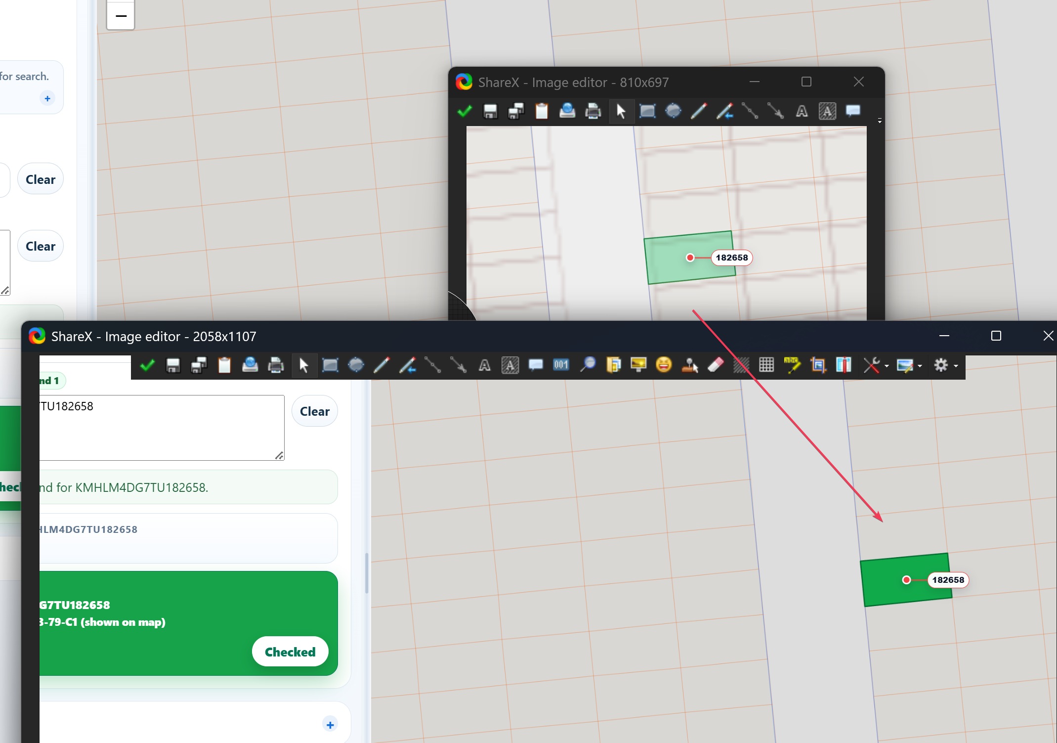 Checked vehicle result and map cell highlighted in dark green