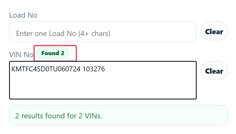VIN No field showing a green Found 2 result count badge