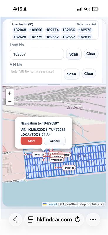 Mobile map result showing vehicle markers and navigation popup